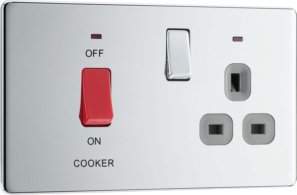 BG Nexus Screwless Flatplate Polished Chrome 45A double pole, with switched socket and indicators - FPC70G-01