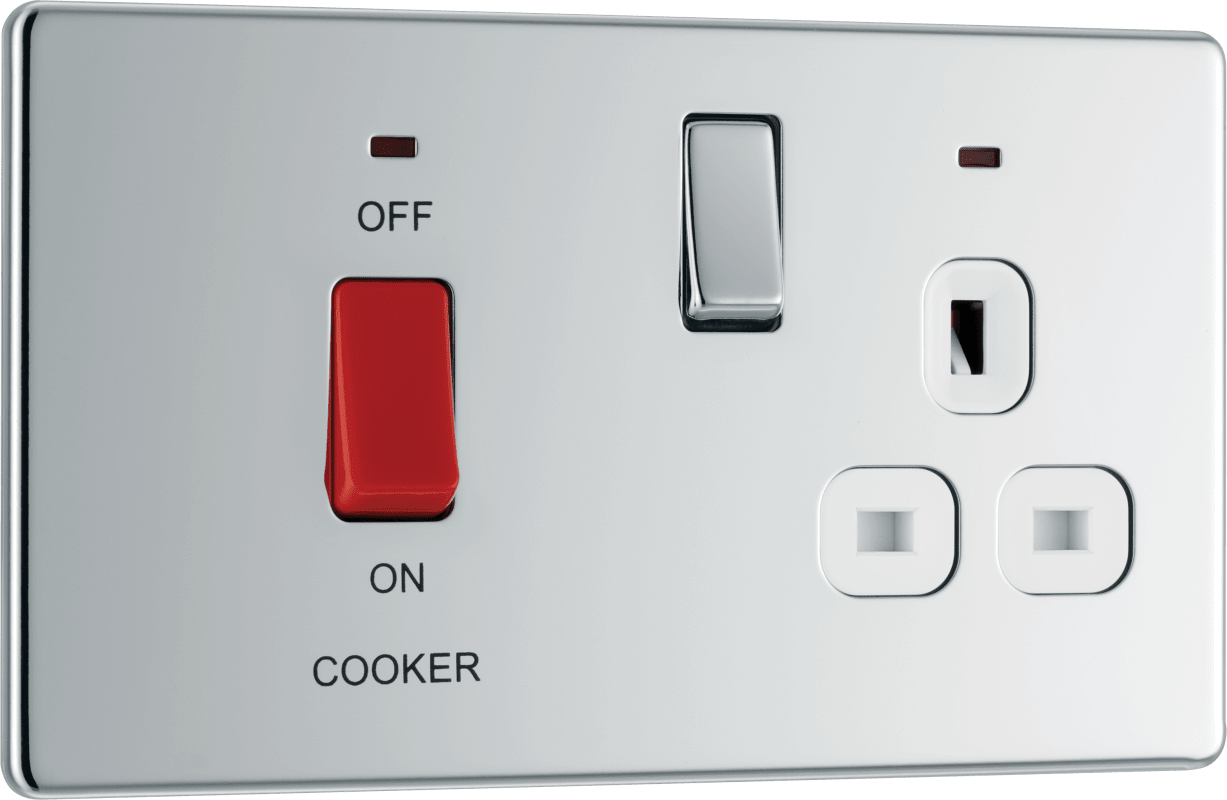 BG Nexus Screwless Flatplate Polished Chrome 45A double pole, with switched socket and indicators - FPC70W-01