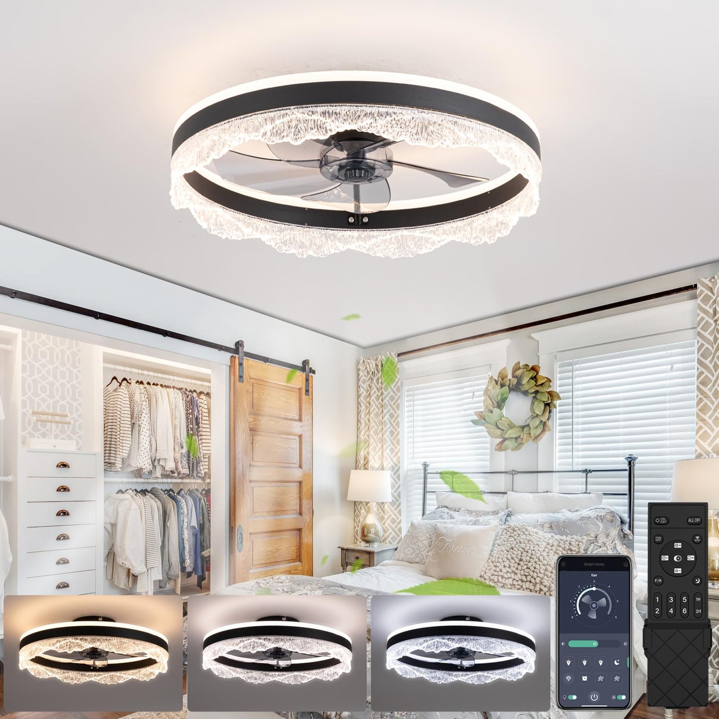 50cm Ceiling Fan with LED Light 30W Remote 6-Speed Reversible – Black