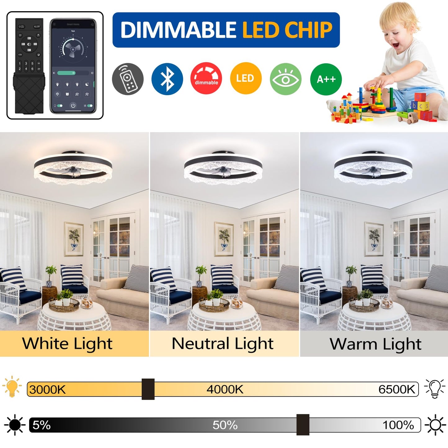 50cm Ceiling Fan with LED Light 30W Remote 6-Speed Reversible – Black