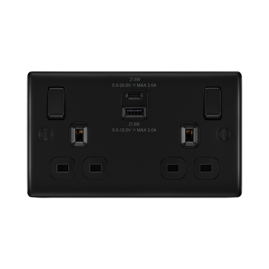 BG Nexus Metal Matt Black 2 Gang USB Charging Socket