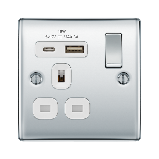 BG Nexus Metal Polished Chrome 1 Gang USB Charging Socket
