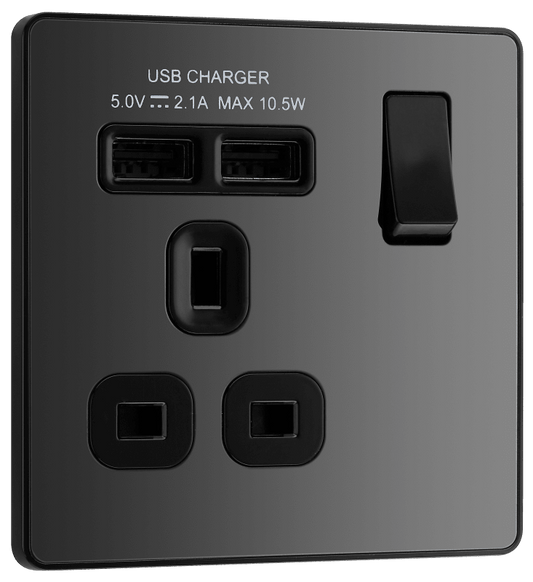 BG Evolve Black Chrome Single, switched, single pole, with 2 x USB A - PCDBC21U2B-01