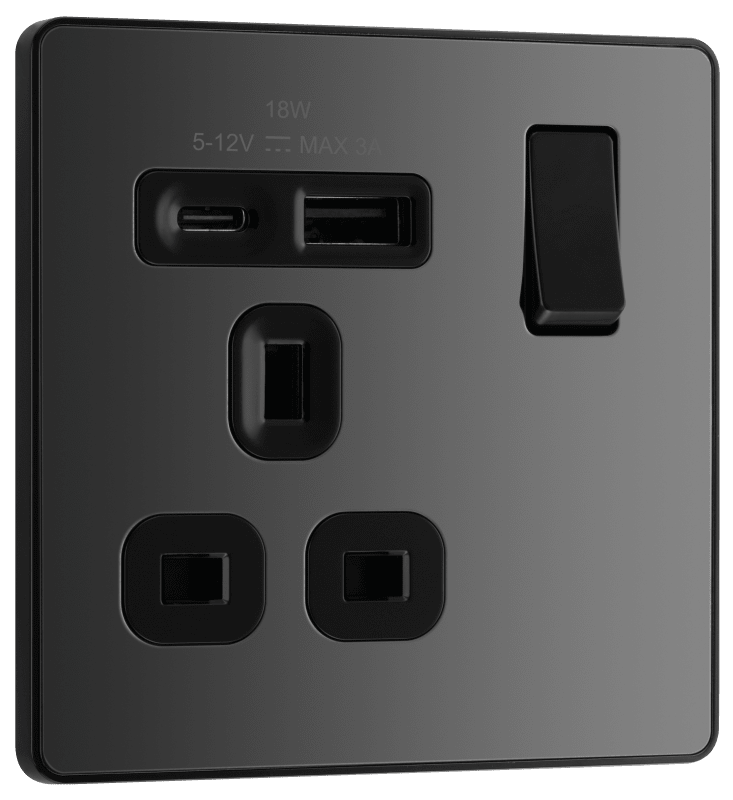 BG Evolve Black Chrome Single, switched, single pole, with 1 x USB A + 1 x USB C - PCDBC21UAC18B-01
