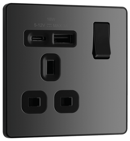 BG Evolve Black Chrome Single, switched, single pole, with 1 x USB A + 1 x USB C - PCDBC21UAC18B-01