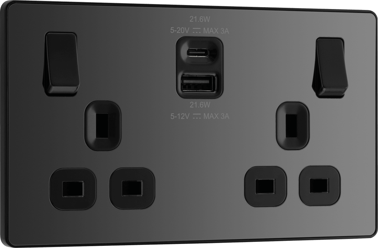 BG Evolve Black Chrome Double switched single pole, with USB A + C (22W) - PCDBC22UAC22B-01