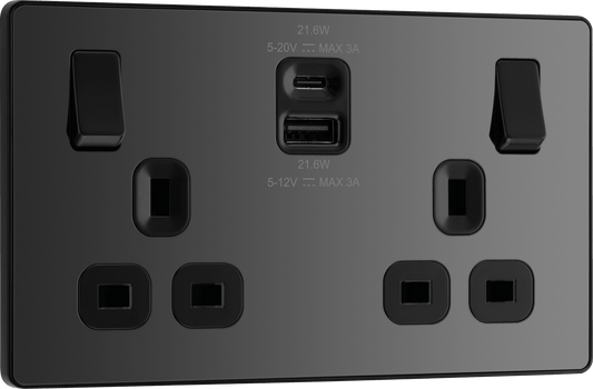 BG Evolve Black Chrome Double switched single pole, with USB A + C (22W) - PCDBC22UAC22B-01