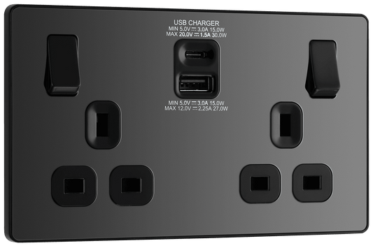 BG Evolve Black Chrome Double, switched, single pole, with 30W fast charge USB A + USB C - PCDBC22UAC30B-01