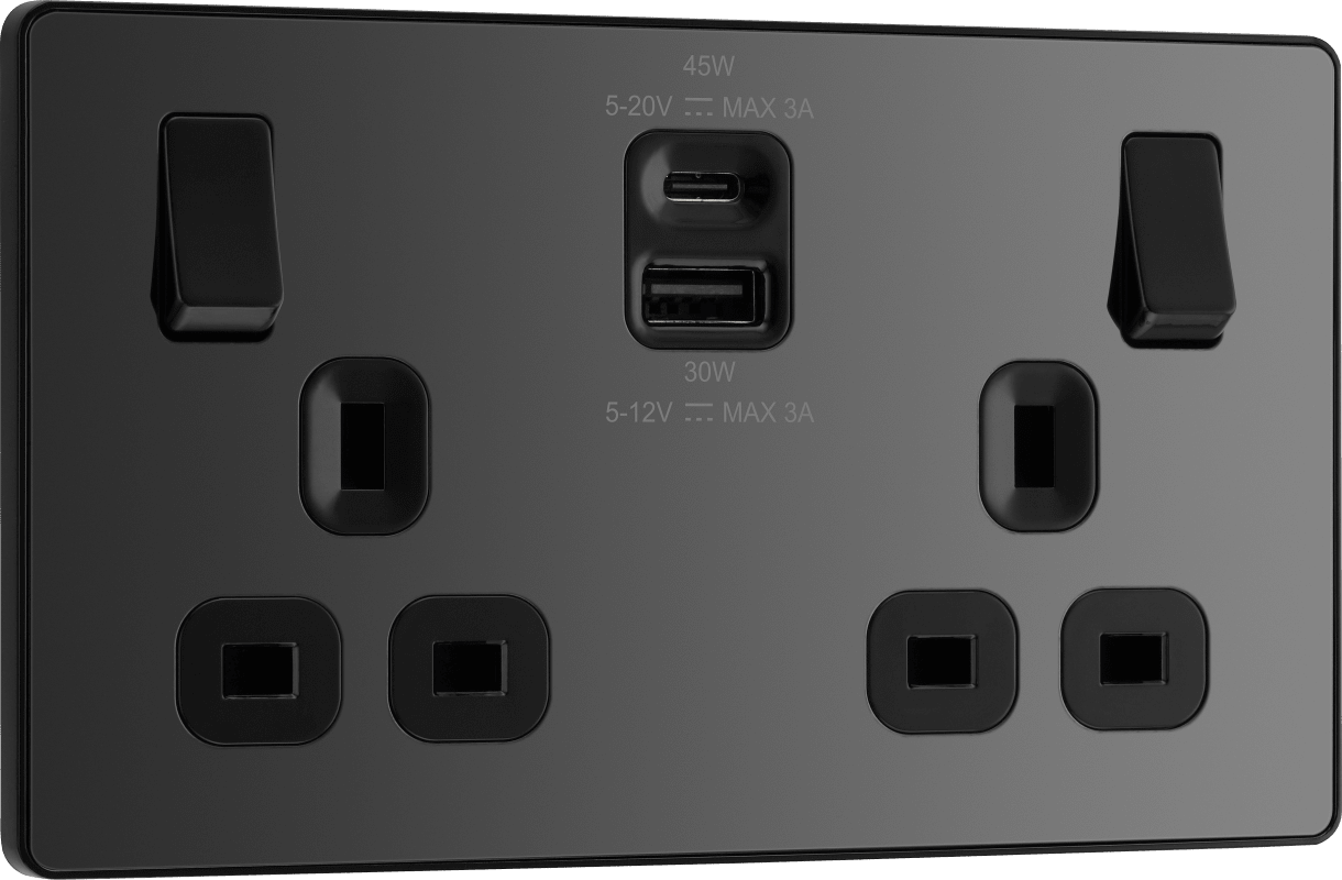 BG Evolve Black Chrome Double switched single pole, with USB A + C (45W) - PCDBC22UAC45B-01