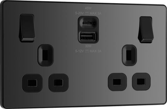 BG Evolve Black Chrome Double switched single pole, with USB A + C (45W) - PCDBC22UAC45B-01
