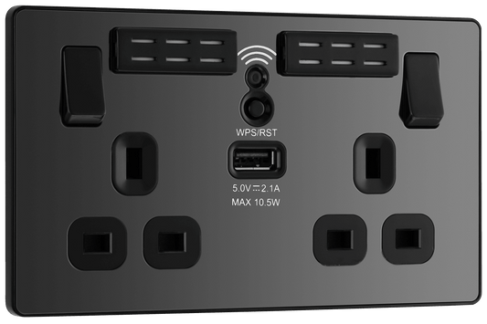 BG Evolve Black Chrome Double, switched, single pole, WiFi Extender + USB A - PCDBC22UWRB-01