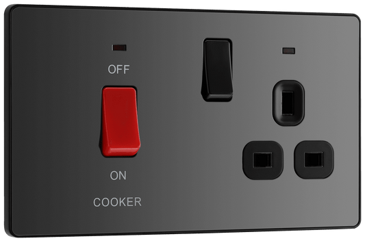 BG Evolve Black Chrome 45A double pole, with switched socket and indicators - PCDBC70B-01