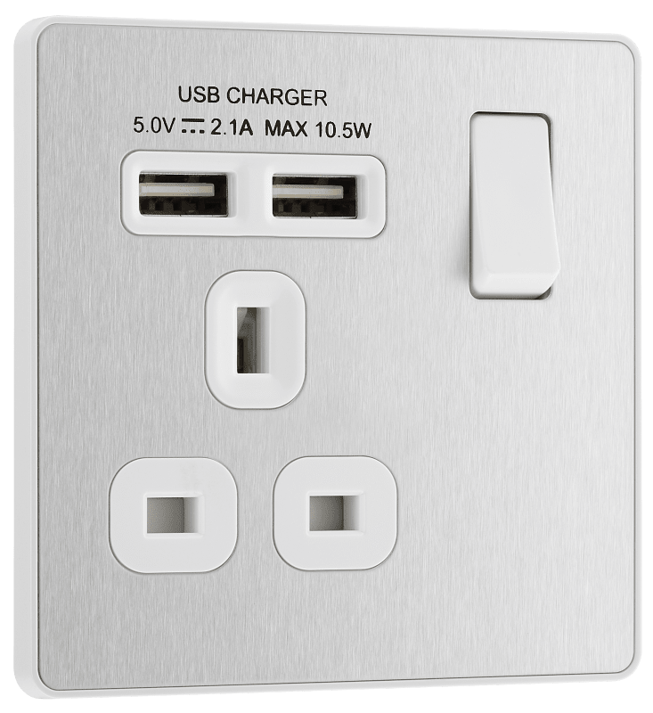 BG Evolve Brushed Steel Single, switched, single pole, with 2 x USB A - PCDBS21U2W-01