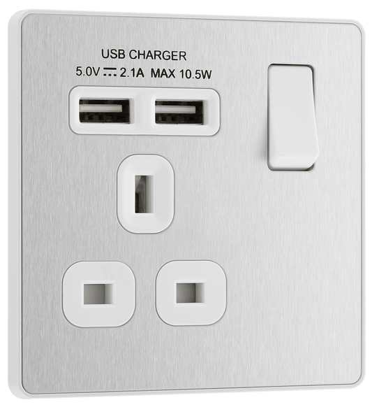 BG Evolve Brushed Steel Single, switched, single pole, with 2 x USB A - PCDBS21U2W-01