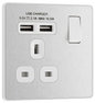 BG Evolve Brushed Steel Single, switched, single pole, with 2 x USB A - PCDBS21U2W-01