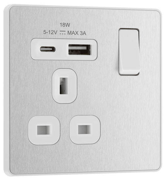 BG Evolve Brushed Steel Single, switched, single pole, with 1 x USB A + 1 x USB C - PCDBS21UAC18W-01