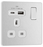 BG Evolve Brushed Steel Single, switched, single pole, with 1 x USB A + 1 x USB C - PCDBS21UAC18W-01