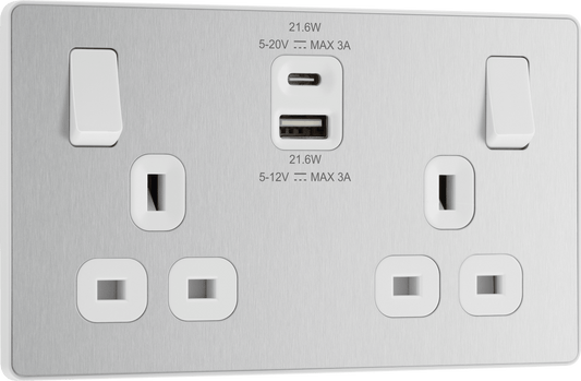 BG Evolve Brushed Steel Double switched single pole, with USB A + C (22W) - PCDBS22UAC22W-01
