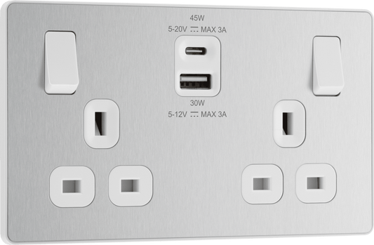 BG Evolve Brushed Steel Double switched single pole, with USB A + C (45W) - PCDBS22UAC45W-01