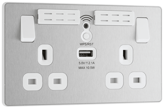 BG Evolve Brushed Steel Double, switched, single pole, WiFi Extender + USB A - PCDBS22UWRW-01