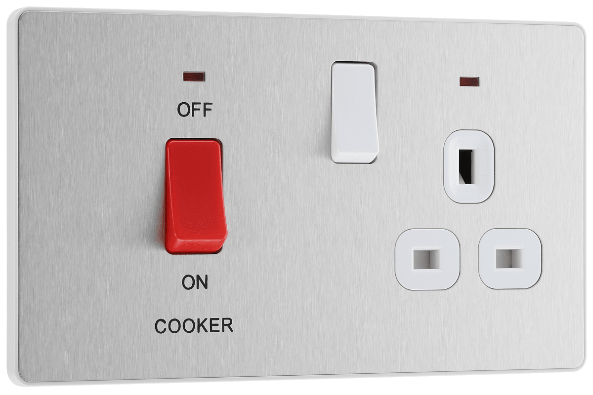 BG Evolve Brushed Steel 45A double pole with switched socket and indicators - PCDBS70W-01