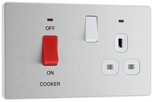 BG Evolve Brushed Steel 45A double pole with switched socket and indicators - PCDBS70W-01