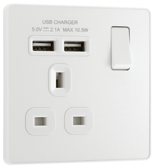BG Evolve Pearlescent White Single, switched, single pole, with 2 x USB A - PCDCL21U2W-01