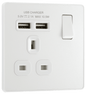 BG Evolve Pearlescent White Single, switched, single pole, with 2 x USB A - PCDCL21U2W-01