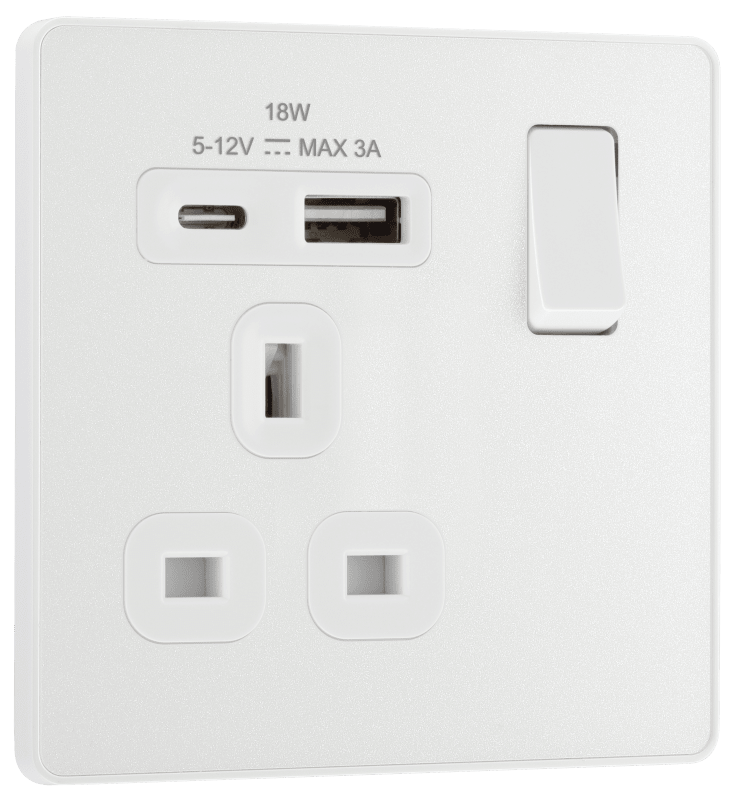 BG Evolve Pearlescent White Single, switched, single pole, with 1 x USB A + 1 x USB C - PCDCL21UAC18W-01
