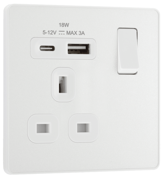 BG Evolve Pearlescent White Single, switched, single pole, with 1 x USB A + 1 x USB C - PCDCL21UAC18W-01