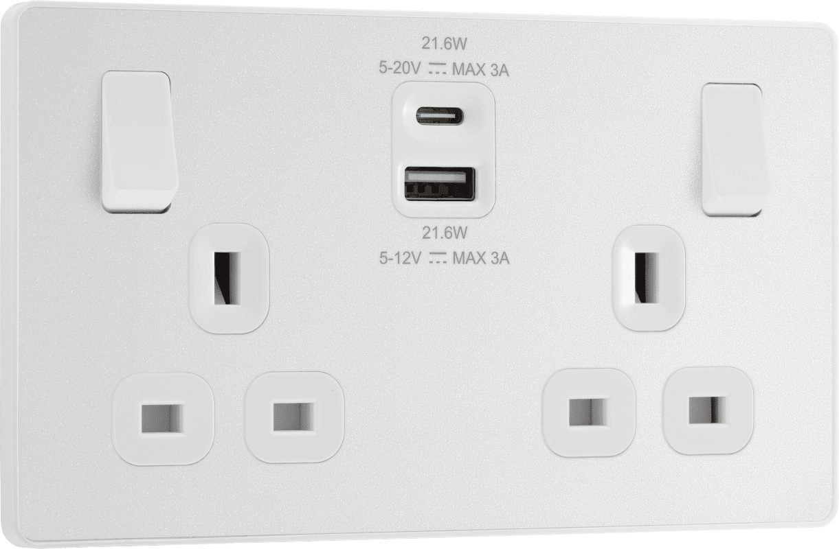 BG Evolve Pearlescent White Double switched single pole, with USB A + C (22W) - PCDCL22UAC22W-01