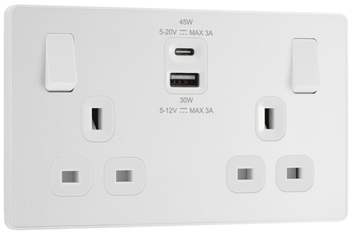 BG Evolve Pearlescent White Double switched single pole, with USB A + C (45W) - PCDCL22UAC45W-01