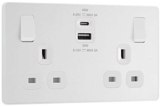 BG Evolve Pearlescent White Double switched single pole, with USB A + C (45W) - PCDCL22UAC45W-01