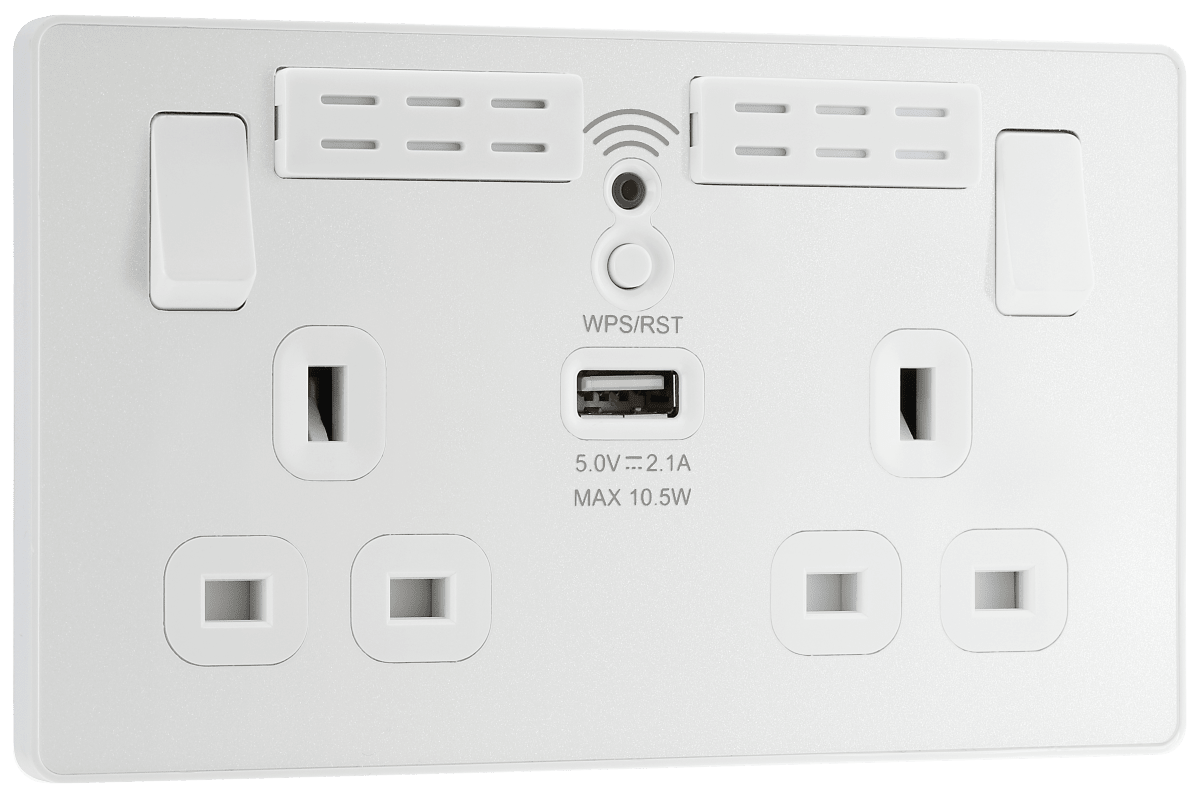 BG Evolve Pearlescent White Double, switched, single pole, WiFi Extender + USB A - PCDCL22UWRW-01