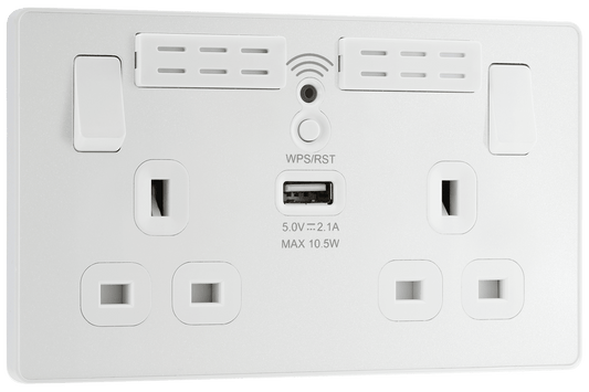 BG Evolve Pearlescent White Double, switched, single pole, WiFi Extender + USB A - PCDCL22UWRW-01