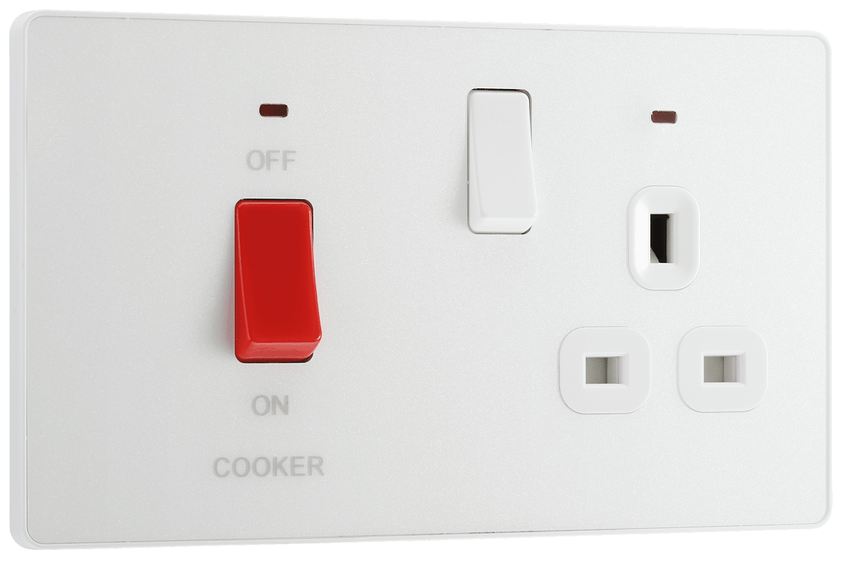 BG Evolve Pearlescent White 45A double pole, with switched socket and indicators - PCDCL70W-01