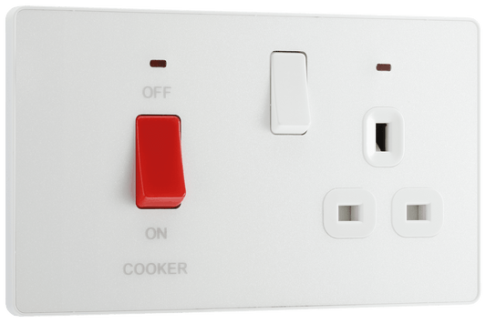 BG Evolve Pearlescent White 45A double pole, with switched socket and indicators - PCDCL70W-01