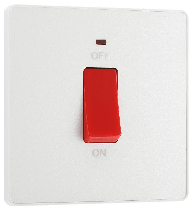 BG Evolve Pearlescent White 45A, double pole, single plate, with indicator - PCDCL74W-01