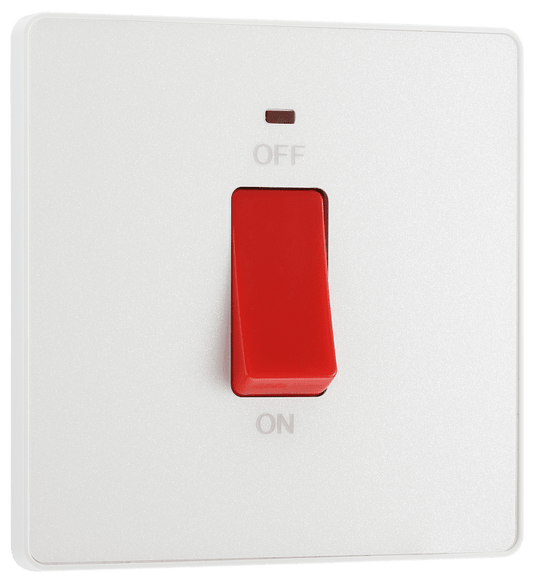 BG Evolve Pearlescent White 45A, double pole, single plate, with indicator - PCDCL74W-01