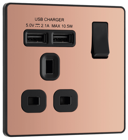 BG Evolve Polished Copper Single, switched, single pole, with 2 x USB A - PCDCP21U2B-01