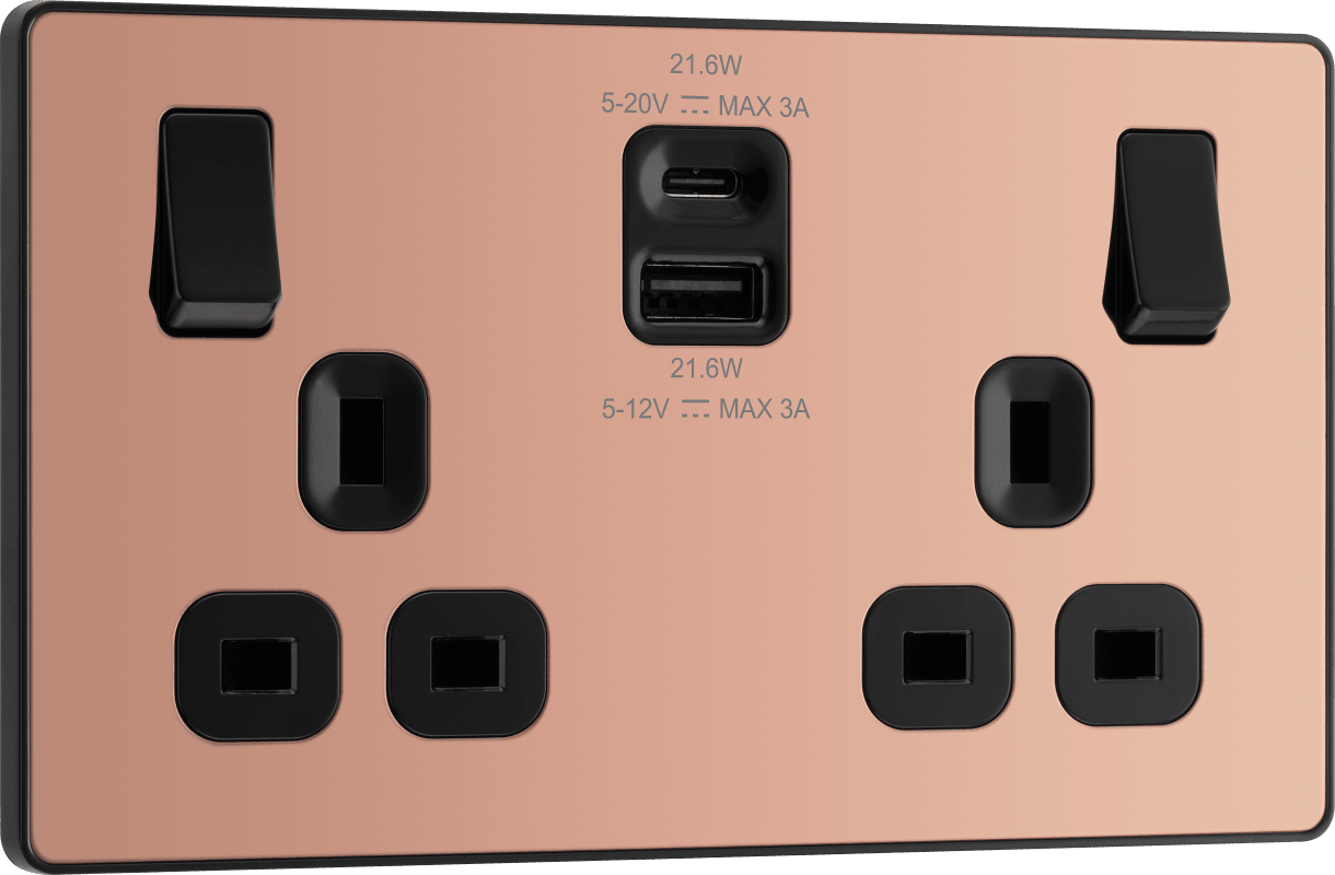 BG Evolve Polished Copper Double switched single pole, with USB A + C (22W) - PCDCP22UAC22B-01