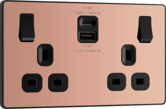 BG Evolve Polished Copper Double switched single pole, with USB A + C (22W) - PCDCP22UAC22B-01