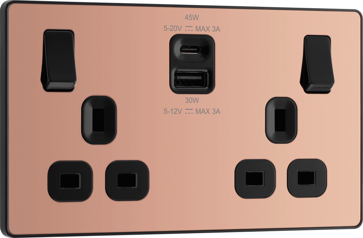 BG Evolve Polished Copper Double switched single pole, with USB A + C (45W) - PCDCP22UAC45B-01