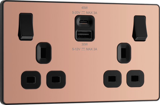 BG Evolve Polished Copper Double switched single pole, with USB A + C (45W) - PCDCP22UAC45B-01