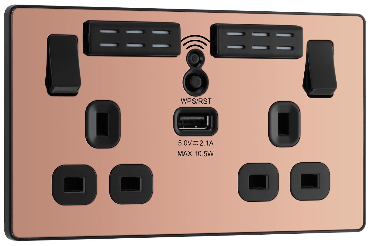 BG Evolve Polished Copper Double, switched, single pole, WiFi Extender + USB A - PCDCP22UWRB-01