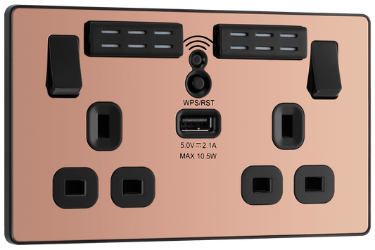BG Evolve Polished Copper Double, switched, single pole, WiFi Extender + USB A - PCDCP22UWRB-01