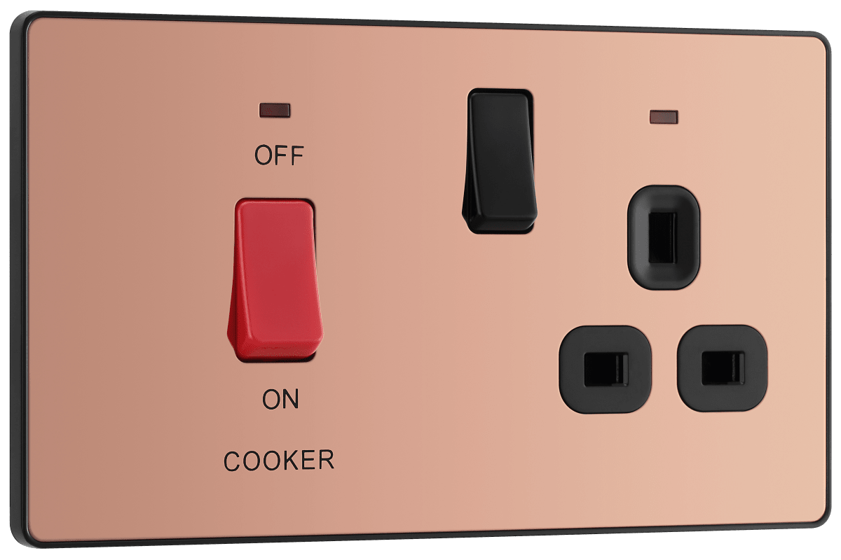 BG Evolve Polished Copper 45A double pole, with switched socket and indicators - PCDCP70B-01