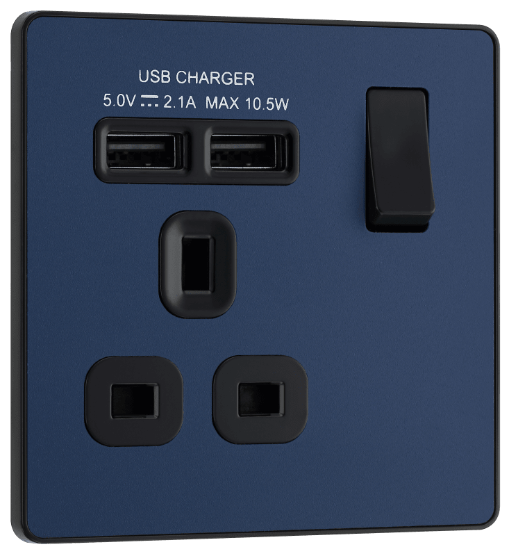 BG Evolve Matt Blue Single, switched, single pole, with 2 x USB A - PCDDB21U2B-01
