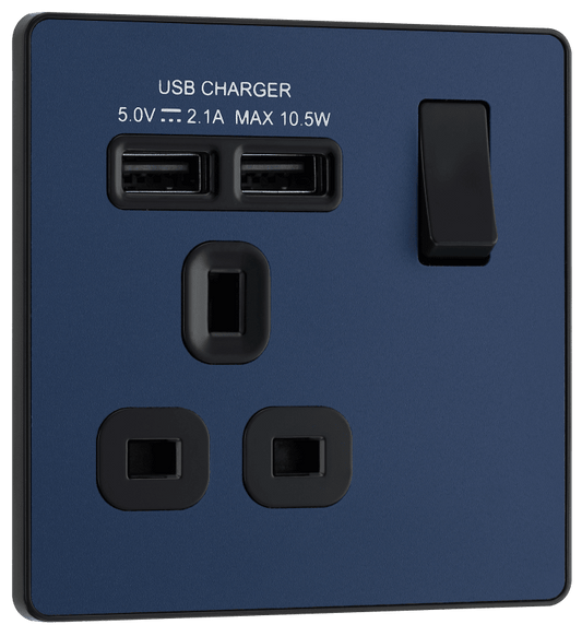 BG Evolve Matt Blue Single, switched, single pole, with 2 x USB A - PCDDB21U2B-01