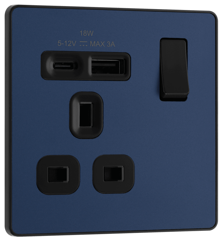BG Evolve Matt Blue Single, switched, single pole, with 1 x USB A + 1 x USB C - PCDDB21UAC18B-01